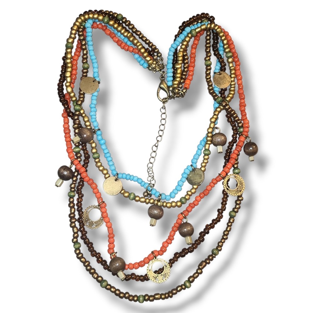Multicolor‎ Seed Bead Layered Necklace Boho Wood Beads Gold Tone Disc Charms 18"
